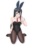  1girl alternate_costume animal_ears bare_shoulders black_footwear black_hair black_leotard black_pantyhose blue_eyes bow bowtie breasts detached_collar full_body geometrie high_heels highres kantai_collection leotard long_hair necktie ooyodo_(kancolle) pantyhose playboy_bunny rabbit_ears red_necktie simple_background sitting small_breasts solo strapless strapless_leotard wariza white_background wrist_cuffs 