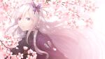  1girl absurdres ascot black_ascot branch butterfly_hair_ornament cherry_blossoms day earrings floating_hair hair_ornament highres jacket jewelry light_purple_hair long_hair long_sleeves looking_ahead open_clothes open_jacket outdoors parted_lips purple_eyes purple_jacket rurushia senji_muramasa_(tenka_hyakken) sidelocks solo tenka_hyakken upper_body 