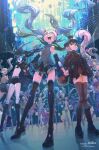  anniversary aqua_hair bikini black_hair black_rock_shooter black_rock_shooter_(character) detached_sleeves front-tie_bikini_top front-tie_top glowing glowing_eye green_hair halo happy_birthday hatsune_miku highres holding_hands jacket korokoro_daigorou multiple_persona open_clothes open_jacket open_mouth pink_hair short_shorts shorts skirt smile swimsuit thighhighs twintails vocaloid 