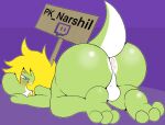  adumbkobold advertisement anthro anus balls butt feet flustered genitals green_body hi_res male mario_bros narshil nintendo presenting presenting_anus presenting_hindquarters solo twitch.tv yoshi 