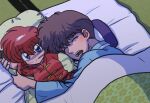  1boy arms_behind_head blush breasts brown_hair chinese_clothes dakimakura_(object) hug kunou_tatewaki open_mouth pillow ranma-chan ranma_1/2 red_hair sleeping teeth wanta_(futoshi) 