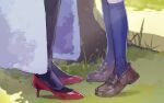  2girls aoi_erika black_thighhighs blue_socks brown_footwear cape feet foot_focus grass heaven_burns_red height_difference high_heels highres implied_kiss loafers minase_ichigo multiple_girls outdoors red_footwear shadow shoes socks thighhighs tree wbon white_cape yuri 