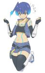  1girl bangs black_sports_bra blue_hair breasts brown_eyes chest_jewel closed_mouth commentary crop_top fiery_hair full_body gloves glowing_lines highres looking_at_viewer navel sena_(xenoblade) shorts showhey!! side_ponytail small_breasts smile solo sports_bra translation_request xenoblade_chronicles_(series) xenoblade_chronicles_3 