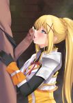  1boy 1girl blonde_hair blue_eyes blush breasts censored cum cum_in_mouth dark-skinned_male dark_skin darkness_(konosuba) fellatio flower hair_flower hair_ornament hetero jewelry kirishima_satoshi kono_subarashii_sekai_ni_shukufuku_wo! long_hair looking_up mosaic_censoring nude oral penis ponytail sidelocks testicles x_hair_ornament 