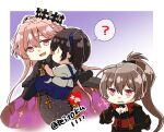  3girls ? azur_lane carrying chibi clemenceau_(azur_lane) cloak crossover gradient_background hakama hakama_short_skirt hakama_skirt japanese_clothes jean_bart_(azur_lane) kaga_(kancolle) kantai_collection multiple_girls princess_carry skirt spoken_question_mark taisa_(kari) tasuki twitter_username 