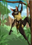  anathi angrycontra anthro arrow_(weapon) bat belt black_body bow_(weapon) breasts claws climbing cloud female forest genitals hi_res jungle knife mammal nipples nude orange_eyes outside plant pussy quiver ranged_weapon rope rope_belt sky solo tree weapon wingless_bat 