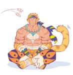  1boy abs animal_ears animal_feet another_eidos-r bara blonde_hair blue_headband body_fur cat_teaser chest_hair crossed_legs full_body headband highres jewelry kagemaru_(kagemaru321) large_pectorals long_sideburns looking_up magatama magatama_necklace male_focus midriff_sarashi motion_blur motion_lines muscular muscular_male necklace nipples pectorals pugi_(another_eidos) sarashi short_hair sideburns sitting solo stomach tail tail_wagging thick_eyebrows tiger_boy tiger_ears tiger_tail topless_male 