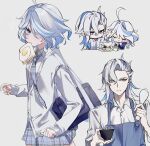  1boy 1girl ahoge alternate_costume bag blue_eyes blue_hair blush bowl cake cake_slice closed_eyes cup food food_in_mouth furina_(genshin_impact) genshin_impact grey_background hair_between_eyes highres holding holding_bowl holding_cup kumo_ff light_blue_hair long_hair long_sleeves looking_at_viewer mouth_hold multicolored_hair necktie neuvillette_(genshin_impact) plate purple_eyes scone shirt shoulder_bag sidelocks simple_background skirt smile streaked_hair sweatdrop toast toast_in_mouth two-tone_hair v-shaped_eyebrows white_shirt 