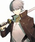  1boy black_coat carrying_over_shoulder closed_mouth coat grey_eyes grey_hair high_collar highres hikawayunn holding holding_sword holding_weapon long_sleeves looking_at_viewer male_focus narukami_yuu open_clothes open_coat persona persona_4 popped_collar shirt short_hair solo sword upper_body weapon white_background white_shirt 
