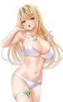  1girl absurdres alternate_costume bangs bikini blonde_hair breasts chest_jewel cleavage commentary_request hands_up highres large_breasts long_hair looking_at_viewer mythra_(xenoblade) navel open_mouth solo stomach strap_lift swept_bangs swimsuit thigh_strap tiara white-paka white_background white_bikini xenoblade_chronicles_(series) xenoblade_chronicles_2 yellow_eyes 