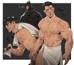  ! 1boy artist_name bara batman batman_(series) black_bodysuit black_cape black_hair black_nails blush bodysuit bruce_wayne cape chest_hair chris_sdd dc_comics facepaint highres large_pectorals mask multiple_views muscular muscular_male navel nipples pectorals short_hair towel towel_around_waist towel_on_one_shoulder 