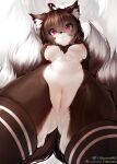  1girl animal_ears ass black_thighhighs breasts brown_hair clitoris copyright_request fang fang_out fox_girl from_below furry furry_female hair_between_eyes likunea looking_at_viewer multiple_tails navel nipples pussy simple_background smile solo tail thighhighs watermark 