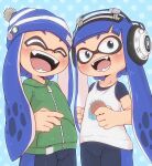  2girls absurdres badge beanie bike_shorts black_undershirt blue_background blue_eyes blue_headwear blush button_badge clenched_hands closed_eyes collarbone doneru green_hoodie hat headphones highres hood hood_down hoodie inkling inkling_girl laughing long_hair multiple_girls open_mouth polka_dot polka_dot_background sharp_teeth skirt splatoon_(series) tank_top teeth tentacle_hair white_skirt zipper 