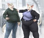  2021 anthro belly belt big_belly big_breasts blonde_hair blurred_background bottomwear breasts business_attire business_suit cettus clothed clothing denim denim_clothing domestic_cat dress_shirt duo felid feline felis female fully_clothed fur hair hairless hairless_cat hakon_brandvold hand_on_hip hand_on_shoulder hi_res hoodie jacket jeans male mammal obese obese_anthro obese_female open_mouth outside overweight overweight_anthro overweight_female overweight_male pants peterbald shirt short_hair sibling sigfrid_brandvold smile standing suit topwear white_body white_fur 