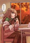  1boy a.i._voice blunt_bangs brown_hair brown_skirt coat fun_bo green_eyes green_sweater highres kurita_maron long_hair long_sleeves looking_at_viewer niconico off_shoulder official_art open_mouth otoko_no_ko pink_coat sitting skirt smile sweater thick_eyebrows 