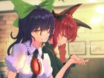  2girls animal_ears artist_name black_hair bow braid brick_wall cat_ears green_bow highres holding_hands kaenbyou_rin kiritanpo117 long_hair multiple_girls photo_(object) photo_background red_eyes red_hair reiuji_utsuho touhou yellow_eyes 