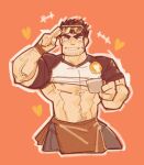  1boy apron bara barista beard_stubble black_hair clothes_lift coffee_cup cropped_legs cup currycat24 disposable_cup employee_uniform grin highres huge_eyebrows large_pectorals laughing loving_aura lucas_lee male_focus muscular muscular_male orange_background pectorals salute scott_pilgrim_takes_off shirt shirt_lift short_hair short_sleeves smile solo sparse_arm_hair sunglasses t-shirt tight_clothes tight_shirt two-finger_salute underpec uniform waist_apron 