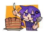  1girl adpx arm_up bare_shoulders blush_stickers border chibi commentary_request cropped_torso detached_hair dress food fork hair_ornament halter_dress halterneck holding holding_fork holding_knife knife maple_syrup no_pupils notice_lines open_mouth orange_background outside_border pancake pancake_stack purple_dress purple_eyes purple_hair short_hair_with_long_locks smile solo v-shaped_eyebrows vocaloid voiceroid white_border yuzuki_yukari 