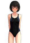  1girl absurdres amagami black_hair black_one-piece_swimsuit blush breasts collarbone competition_swimsuit cowboy_shot highres itsuki_nofuji looking_at_viewer nanasaki_ai one-piece_swimsuit purple_eyes short_hair simple_background small_breasts solo standing swimsuit white_background 