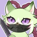  animalization cat commentary_request dagger eyeshadow genshin_impact highres holding holding_dagger holding_knife holding_weapon knife kuki_shinobu kwek_kwek looking_at_viewer makeup mask mouth_mask no_humans purple_background purple_eyes simple_background upper_body weapon 