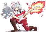  1girl bow bright_pupils brown_footwear closed_mouth commentary fire fujiwara_no_mokou full_body hair_bow holding holding_instrument instrument looking_at_viewer music pants playing_instrument red_eyes red_pants sakamoto_fred simple_background solo touhou white_background white_bow white_pupils 