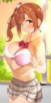  1girl absurdres blurry blurry_background blush bow bowtie bra breasts brown_hair cleavage hair_bow highres holding holding_shield idolmaster idolmaster_cinderella_girls igarashi_kyoko indoors kon5283 lace-trimmed_bra lace_trim large_breasts looking_at_viewer looking_to_the_side partially_unbuttoned pink_bra plaid plaid_skirt pleated_skirt red_bow red_bowtie school_uniform shield side_ponytail skirt solo superman_exposure sweatdrop underwear window 
