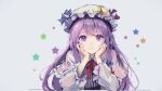  1girl :3 angelica_n19 blue_bow blue_ribbon bow bowtie capelet closed_mouth commentary crescent crescent_hat_ornament dress hair_bow hands_on_own_chin hat hat_ornament hat_ribbon light_smile long_hair long_sleeves looking_at_viewer mob_cap patchouli_knowledge purple_eyes purple_hair red_bow red_bowtie red_ribbon ribbon simple_background solo star_(symbol) striped striped_dress touhou upper_body very_long_hair white_background 