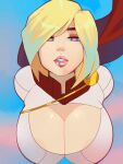  1girl absurdres areola_slip blue_eyes blush breasts cape cleavage cleavage_cutout clothing_cutout dc_comics eyebrows_hidden_by_hair highres large_breasts medium_hair parted_lips postblue98 power_girl red_cape solo superman_(series) upper_body 
