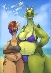  absurd_res anthro beach big_breasts bikini bikini_bottom bikini_top breasts butt clara_(loleczeq) clothed clothing digital_media_(artwork) dragon duo female genitals giraffe giraffid gynomorph gynomorph/female hi_res horn intersex intersex/female loleczeq looking_at_viewer mammal nohunuh nora_(nohunuh) nude penis pussy scalie seaside simple_background smile sunny swimwear tail text 