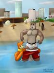  absurd_res allen_bourne_(gearfox98) andy_(gearfox98) anthro beach blue_eyes bottomwear brown_eyes buizel bulge canid canine canis clothing digital_media_(artwork) domestic_dog duo eyebrows gearfox98 generation_4_pokemon genitals hi_res lifeguard male male/male mammal naughty_smile nintendo outside pecs penis pokemon pokemon_(species) pulling_down pulling_down_pants pulling_down_shorts pulling_shorts_down sand sea seaside shorts thick_eyebrows underwear water 