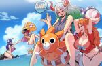  5girls alternate_costume ball beachball bikini blonde_hair blue_hair blue_sky breasts carrot_(one_piece) cleavage closed_eyes cloud crop_top earrings green_hair highres horns jewelry large_breasts lewdamone long_hair midriff multicolored_hair multiple_girls nami_(one_piece) one_piece oni_horns open_mouth orange_hair outdoors panties perona pink_hair sky speech_bubble swimsuit teeth tongue tongue_out two-tone_hair ulti_(one_piece) underwear upper_teeth_only white_hair yamato_(one_piece) 