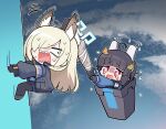  2girls ahoge animal_ear_fluff animal_ears armband black_gloves black_hair blonde_hair blue_archive blunt_bangs chibi cloud commentary dog_ears extra_ears fake_animal_ears fang flying_sweatdrops fox_ears fox_tail getting_over_it gloves gun halo highres holding holding_weapon in_container in_trash_can jacket kanna_(blue_archive) leaf leaf_on_head long_hair long_sleeves looking_at_another miyu_(blue_archive) multiple_girls nemoga open_mouth outdoors parody rabbit_ears recycle_bin red_eyes scared school_uniform shaded_face sweat sweating_profusely symbol-only_commentary tail tearing_up tears trash_can weapon 