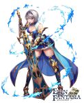  1girl blue_skirt boots box_(hotpppink) breasts cleavage commentary_request eden_fantasia full_body greatsword grey_hair headband ice official_art open_mouth oscar_(eden_fantasia) purple_eyes short_hair skirt smile solo swept_bangs sword thigh_boots weapon 