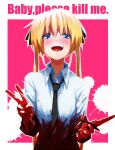  1girl absurdres black_ribbon blonde_hair blood blood_on_clothes blood_on_hands blue_eyes blush collared_shirt english_text hair_between_eyes hair_ribbon highres holding holding_knife kill_me_baby knife long_hair looking_at_viewer necktie open_mouth ribbon shirt simple_background solo sonya_(kill_me_baby) teeth twintails upper_body upper_teeth_only v white_shirt yachima_tana 