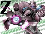  clenched_hand copyright_name dkringo_(newleader) fighting_stance humanoid_robot mecha no_humans outstretched_hand powering_up robot silver_general_(zentrix) simple_background striped striped_background zentrix 