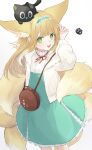  1girl 99noe_honoka :d absurdres animal animal_ear_fluff animal_ears animal_on_head arknights arm_up bag black_cat blonde_hair blue_hairband blue_skirt cat commentary_request crossover fox_ears fox_girl fox_tail frilled_hairband frills gradient_background green_eyes grey_background hairband heixiu high-waist_skirt highres jacket long_hair looking_at_viewer luo_xiaohei luo_xiaohei_zhanji multicolored_hair neck_ribbon on_head open_clothes open_jacket red_ribbon ribbon shirt shoulder_bag skirt smile standing suzuran_(arknights) suzuran_(spring_praise)_(arknights) tail teeth two-tone_hair upper_teeth_only very_long_hair white_background white_hair white_jacket white_shirt 