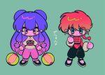  2girls aqua_background black_footwear blue_eyes blush_stickers braid braided_ponytail chibi chinese_clothes double_bun hair_bun highres menma_(enaic31) multiple_girls purple_hair ranma-chan ranma_1/2 red_hair shampoo_(ranma_1/2) standing tangzhuang translation_request 