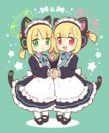  2girls :3 animal_ear_headphones animal_ears apron black_dress black_footwear blonde_hair blue_archive blue_ribbon blush cat_ear_headphones cat_ears cat_tail closed_mouth commentary_request dress fake_animal_ears fake_tail frilled_apron frills full_body green_background green_eyes green_halo halo headphones holding_hands interlocked_fingers long_sleeves looking_at_viewer maid maid_apron maid_headdress midori_(blue_archive) midori_(maid)_(blue_archive) momoi_(blue_archive) momoi_(maid)_(blue_archive) multiple_girls neck_ribbon onyhakase pantyhose pink_eyes pink_halo puffy_long_sleeves puffy_sleeves ribbon shoes short_hair short_twintails siblings simple_background sisters smile standing star_(symbol) tail twins twintails white_apron white_pantyhose 