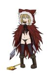  1girl animal_ear_headwear axe black_panties black_souls blonde_hair blood blood_on_weapon blue_eyes boots brown_footwear cloak closed_mouth expressionless full_body fur-trimmed_cloak fur_trim hatchet_(axe) highres holding holding_axe holding_knife hood hooded_cloak knife midriff navel no_pants panties rabbit_king red_cloak red_hood_(black_souls) simple_background solo standing thighhighs underwear weapon white_background 