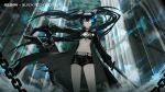  1girl artist_request belt black_hair black_rock_shooter black_rock_shooter_(character) blue_eyes blue_fire board_game chain chess collaboration fire flaming_eye frown glaring gun highres holding holding_gun holding_sword holding_weapon jacket looking_at_viewer neck_ribbon official_art open_clothes open_jacket punishing:_gray_raven ribbon shorts sword torn_clothes twintails weapon zipper 