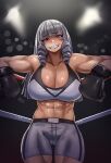  1girl abs absurdres biceps blunt_bangs boxing_gloves boxing_ring boxing_shorts breasts character_request cleavage copyright_request drill_hair evil_grin evil_smile ezzyecchi grey_hair grin highres large_breasts long_hair looking_at_viewer muscular muscular_female navel parted_lips purple_eyes shorts smile solo sports_bra teeth twin_drills white_sports_bra 