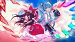  2girls aqua_eyes aqua_hair ascot bare_shoulders black_hair bow crossover detached_sleeves hair_between_eyes hair_bow hair_tubes hakurei_reimu hatsune_miku japanese_clothes long_hair multiple_girls nontraditional_miko open_mouth orange_ascot red_bow red_eyes red_skirt ribbon-trimmed_sleeves ribbon_trim ringo_no_usagi_(artist) sidelocks skirt smile touhou twintails vocaloid white_sleeves wide_sleeves yellow_ascot 