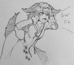  1girl animal_ears commentary dog_ears dog_tail dress fang greyscale highres kanaria_(bocmn) kasodani_kyouko long_sleeves monochrome one-hour_drawing_challenge open_mouth short_hair simple_background sketch solo tail touhou traditional_media 