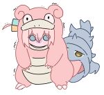  1girl ahoge blue_eyes blush_stickers bocchi_the_rock! cosplay cube_hair_ornament detached_ahoge empty_eyes gotoh_hitori hair_between_eyes hair_ornament kigurumi looking_at_viewer pink_hair pokemon slowbro slowbro_(cosplay) solo standing trembling white_background yunayuispink 