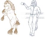  2023 5_fingers anthro belt bottomwear clothing denim denim_clothing digital_media_(artwork) draft_horse dress_shirt duo equid equine eyes_closed facial_hair facial_markings feathering fence feral fingers fur gayletrotter hair hazel_(hazelborks) head_markings hi_res hooves horse jeans looking_at_viewer male mammal mane markings monochrome mug multiple_images mustache open_mouth pants raised_arm shirt short_tail simple_background ta&#039;kom_ironhoof tail topwear 