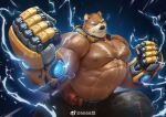  1boy 6suan abs bara bear_boy brown_fur chest_tuft deltoids electricity electrokinesis eye_trail feet_out_of_frame foreshortening highres knee_up large_pectorals light_trail looking_at_viewer male_focus muscular muscular_male navel_hair nipples original pectorals prosthesis prosthetic_arm short_hair solo stomach thick_eyebrows thick_thighs thighs topless_male tusks 