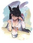  1girl ahoge animal_ears az_(azkin_g) bikini black_hair breasts earrings food hair_tucking highres holding holding_spoon horse_ears horse_girl horse_tail jacket jewelry long_hair long_sleeves manhattan_cafe_(umamusume) open_clothes open_jacket shaved_ice single_earring small_breasts smile solo spoon swimsuit table tail umamusume upper_body utensil_in_mouth white_bikini white_jacket yellow_eyes 