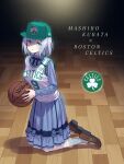  1girl ball bang_dream! baseball_cap basketball_(object) basketball_jersey black_bow blue_bow blue_dress blue_eyes blue_hair blue_socks blush boston_celtics bow brown_footwear collared_dress dress frilled_socks frills green_headwear hat highres holding holding_ball kneeling kurata_mashiro logo looking_at_viewer nail_polish national_basketball_association new_era parted_lips pink_nails shirt shoes short_hair socks solo white_shirt yazawa_happyaro 