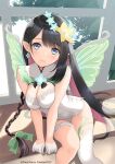  1girl bare_shoulders black_hair blue_eyes blush bow braid breasts cleavage closed_mouth commentary_request covered_navel day dress earrings fairy fairy_wings flower garter_straps gloves hair_bow hair_flower hair_ornament head_tilt indoors jewelry light_particles lips long_hair long_sleeves looking_at_viewer medium_breasts multicolored_hair original pink_hair pointy_ears shadow short_dress simple_background single_thighhigh sitting sleeveless smile thigh_strap thighhighs thighs tony_taka white_gloves window wings 