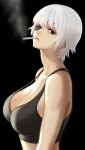 1girl alternate_hair_color black_background black_bra bra breasts chainsaw_man cigarette cleavage collarbone commentary eyepatch highres himeno_(chainsaw_man) holding holding_cigarette large_breasts looking_at_viewer short_hair simple_background smoking solo teardrop tears underwear underwear_only upper_body white_hair yukimune 
